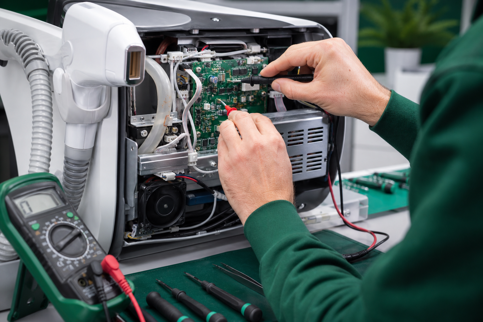 Lazer epilasyon cihazının elektronik kartını ölçerek tamir eden teknisyen